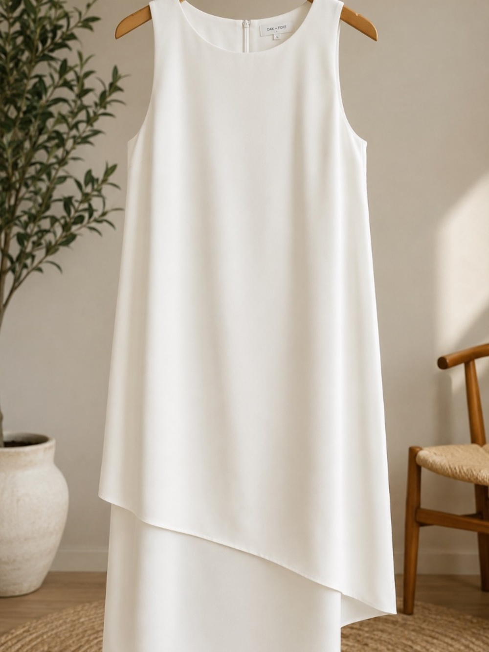 Oak + Fort White Layered Midi Dress Size M Sleeveless Asymmetrical Minimalist